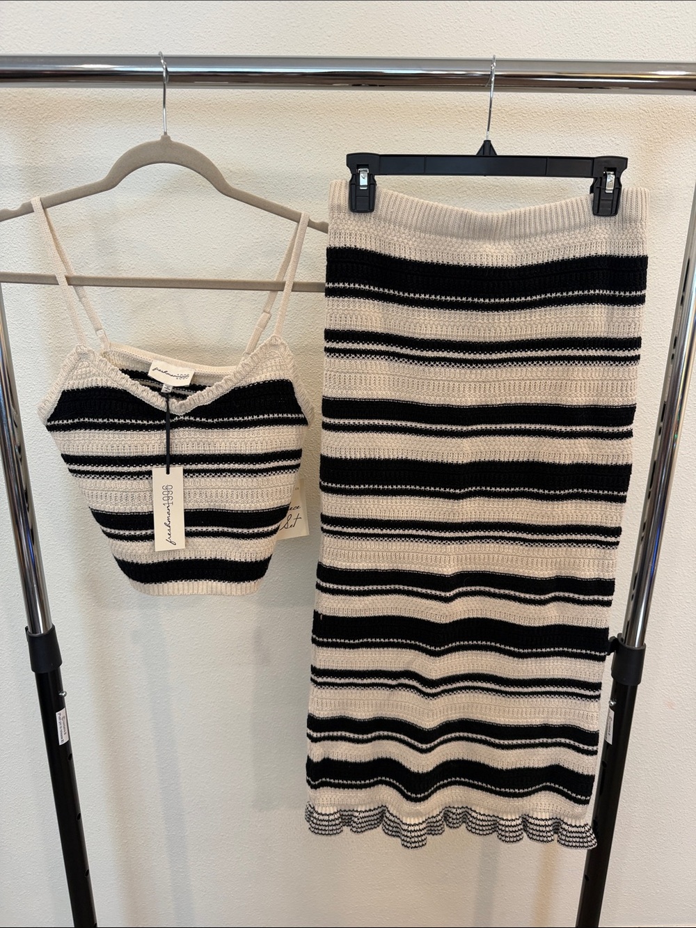 Freshman Black and Cream Striped Knit Midi Skirt